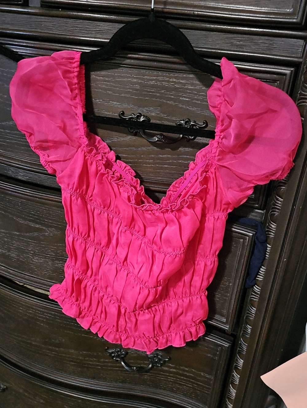 Women's Fuchsia Ruffled V-Neck Blouse with Puff Sleeves